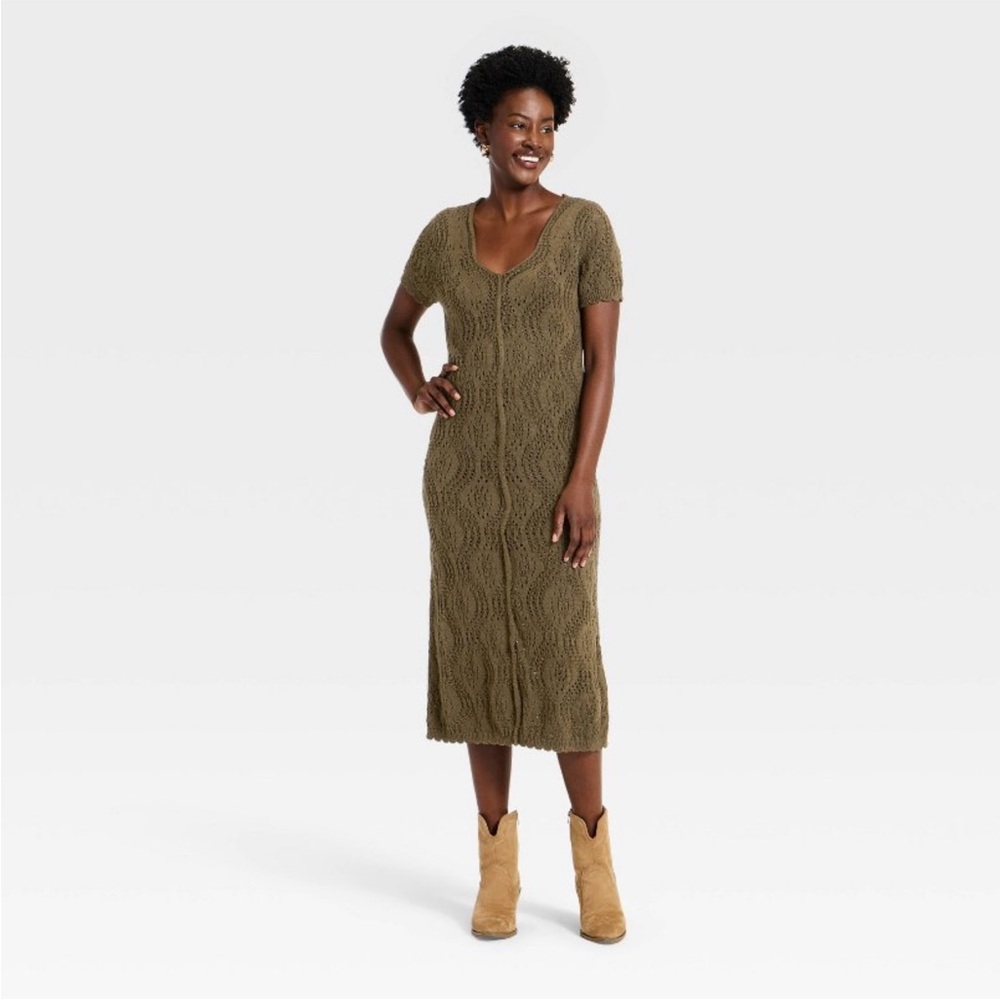Women's Short Sleeve Scalloped Midi A-Line Dress - Universal Thread Brown S NWT